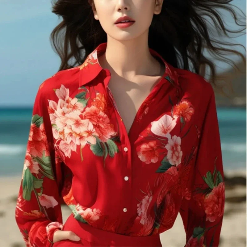 

Spring and Summer Colors Chinese Style Northeast Big Flower Top Design Sense Niche Red Women's Printed Shirt Women's FloralZT674