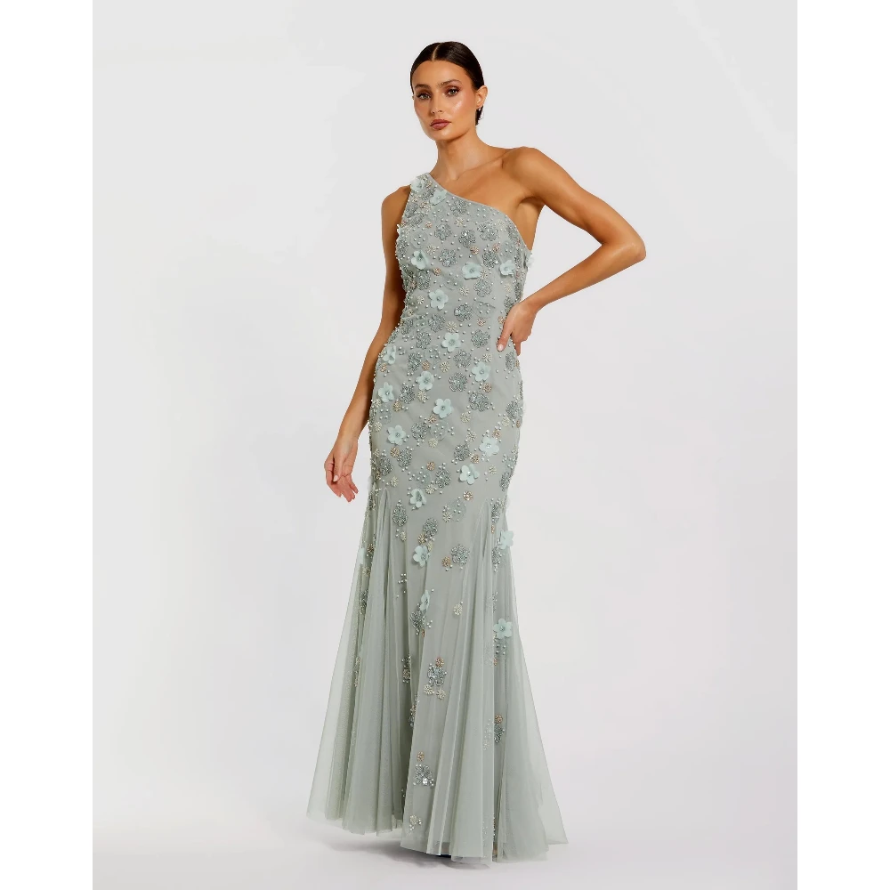 

Customized One Shoulder Sleeveless Prom Gowns Fashion Pearl Appliquns Mermaid Hem Tulle Evening Dresses Floor Length Dress