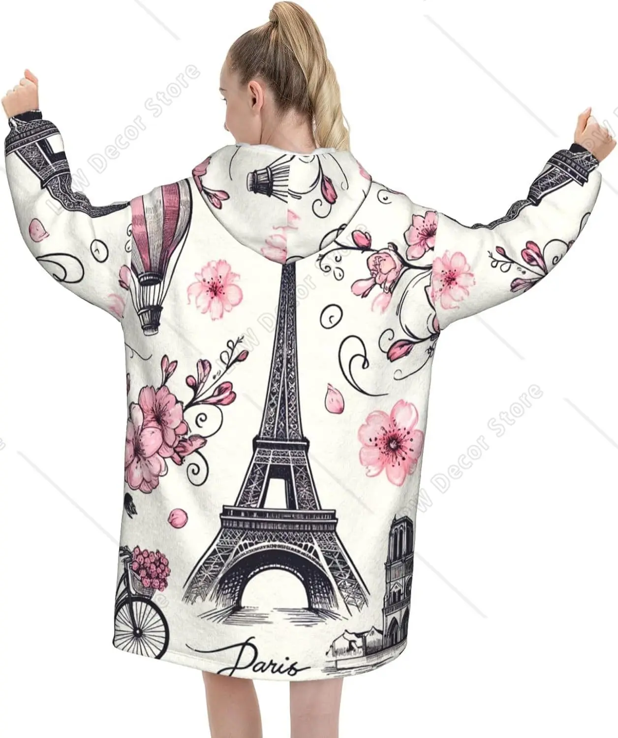 Oversized Adult Long Sleeve Flannel Hoodie Blanket Paris-Eiffel-Tower-Floral-Bike Soft Fuzzy Hooded Sweatshirt Lounging Pullover