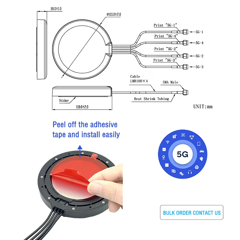 5G NR 4G LTE MIMO Adhesive Magnet Mount IP67 Antenna with LMR100 Cable SMA Male view 2