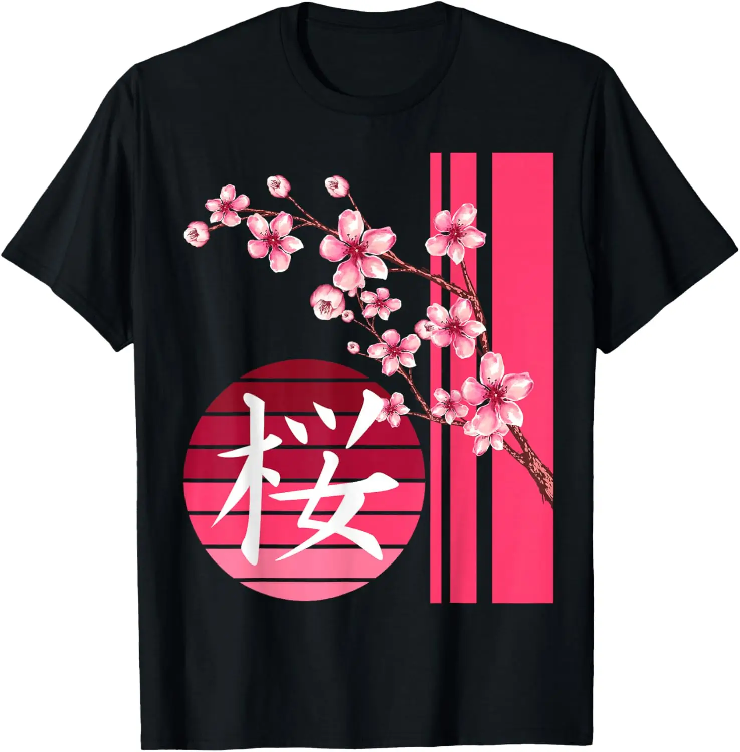 Sakura Flowers Spring Cherry Blossoms Japanese Kanji Print T-Shirt 100% Cotton Trendy Y2K Short-Sleeve Tee-Soft, Quick-Drying,