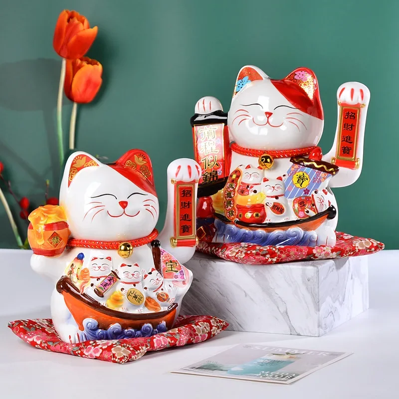 10 Inches Automatic Hand Waving Lucky Cat Ornament Ceramic Shop Front Decoration Mascot Opening Gift Home Entrance Decoration