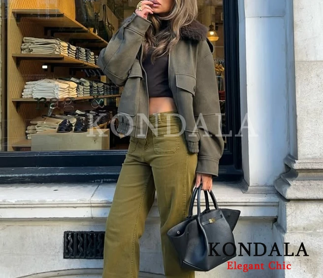 

KONDALA Women High Street Fur-Collar Jacket Fall Winter Casual Jacket Detachable Collar Coat 2025 Fashion Elegant Chic Lady Coat
