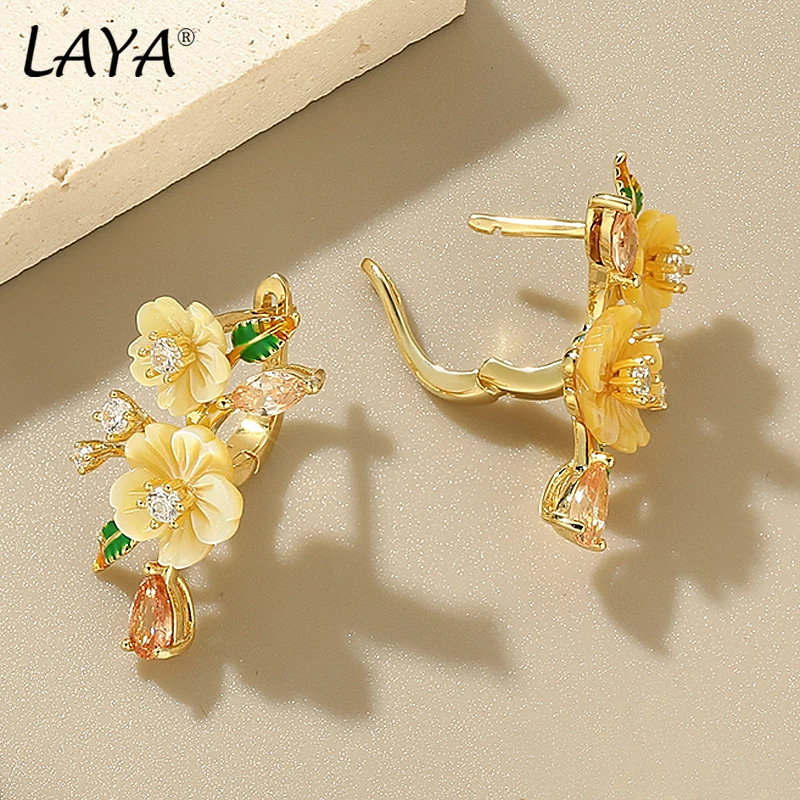 LAYA Earrings For Women Yellow Shell Flower Shining Colorful Zircon Handmade Enamel 925 Sterling Silver Fashion Fine Jewelr