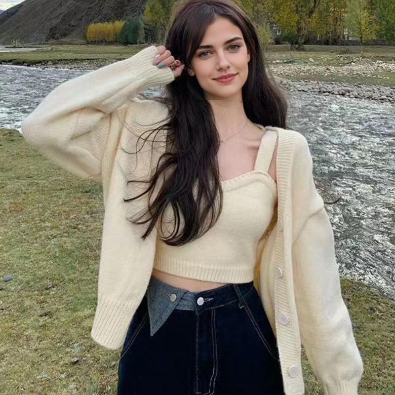 Mode Neue Zwei-stück Set frauen Kleidung Pullover Einfarbig frauen Kurze Weste Elegante Lose Strickjacke Strickwaren Pullover