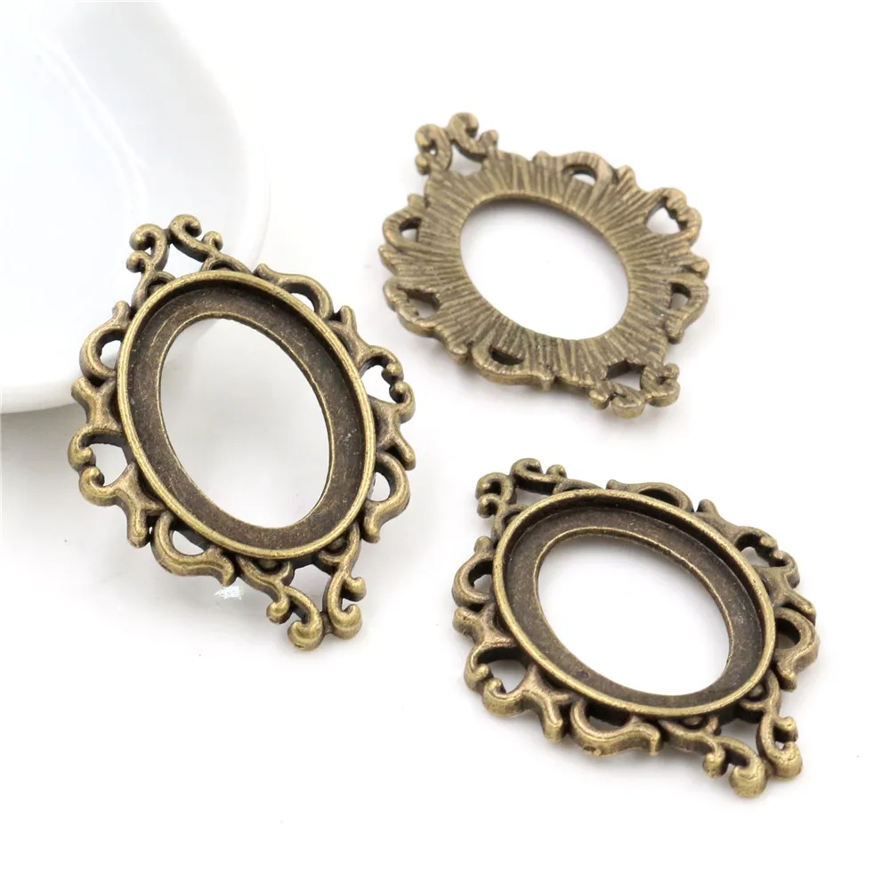 10pcs 18x25mm Inner Size Antique Silver Plated and Bronze Flowers Style Cameo Cabochon Base Setting Pendant necklace findings