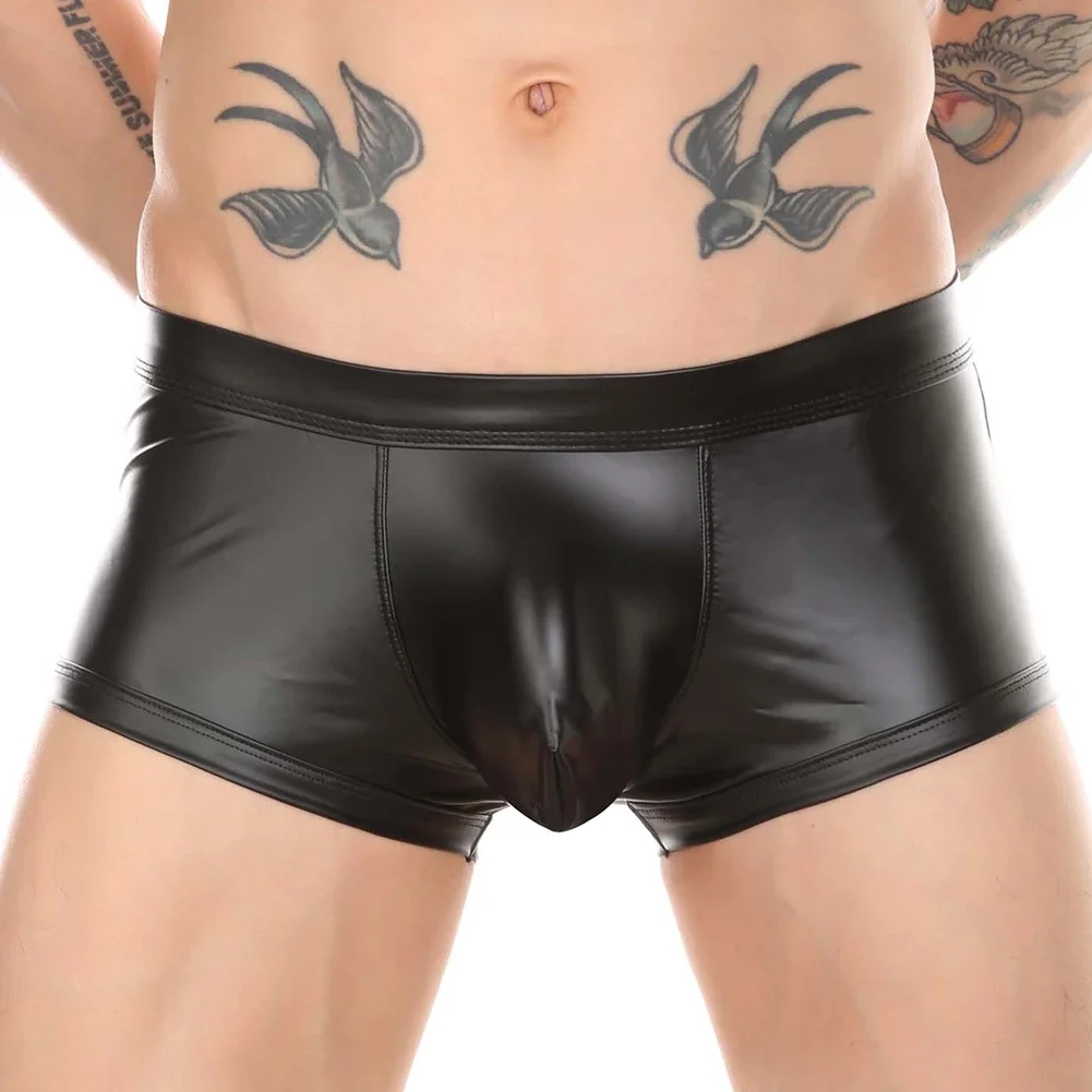 Buttocks Hollow Mens Sexy PVC Shorts Wetlook Solid Color Boy Sissy Boxer Briefs Crotch Bulge Pouch T Panties Open Butt Underwear