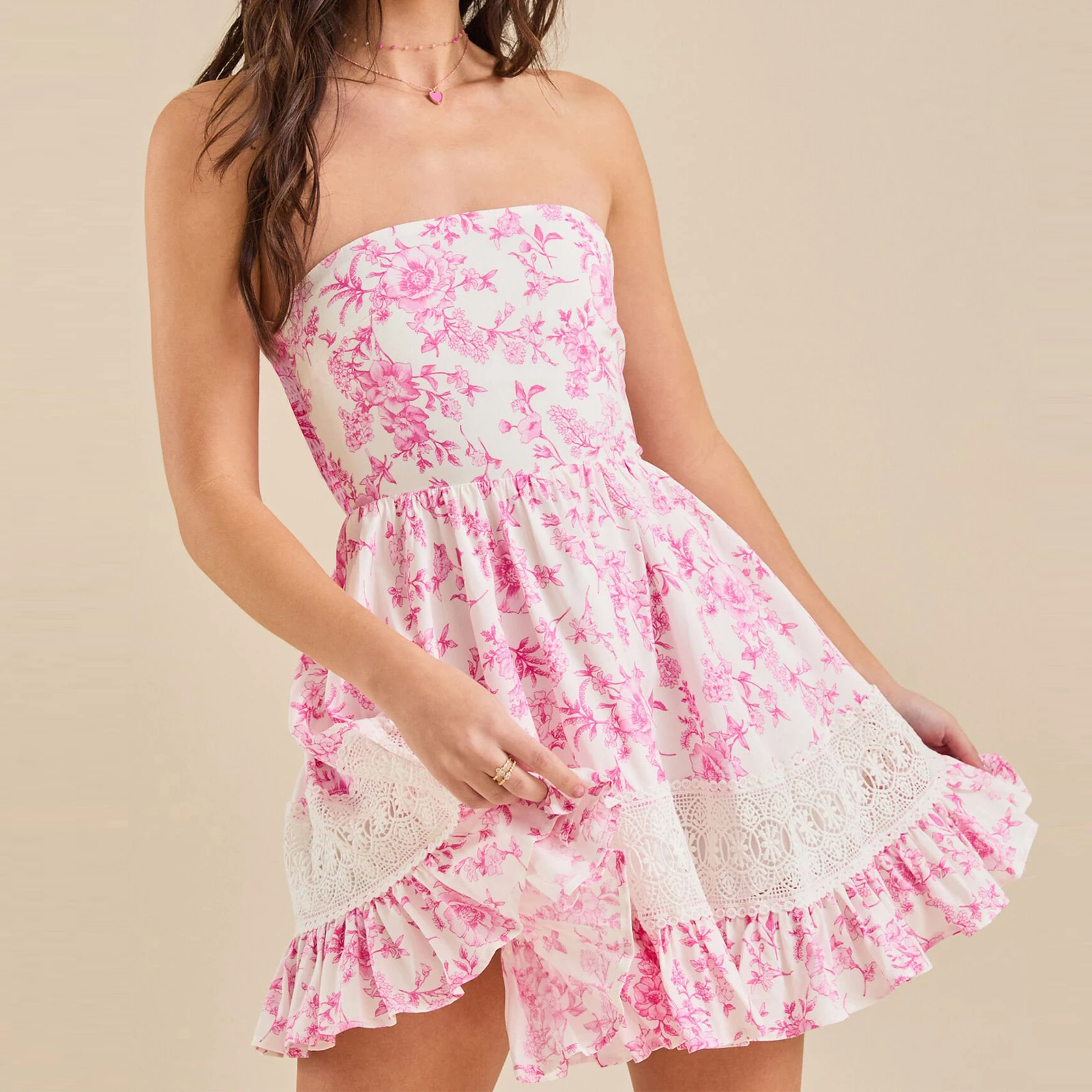 

Hirigin платье-топ для женщин, летнее винтажное мини-платье в стиле бохо без бретелек с цветочным принтом, пляжное платье с открытыми плечами и рюшами