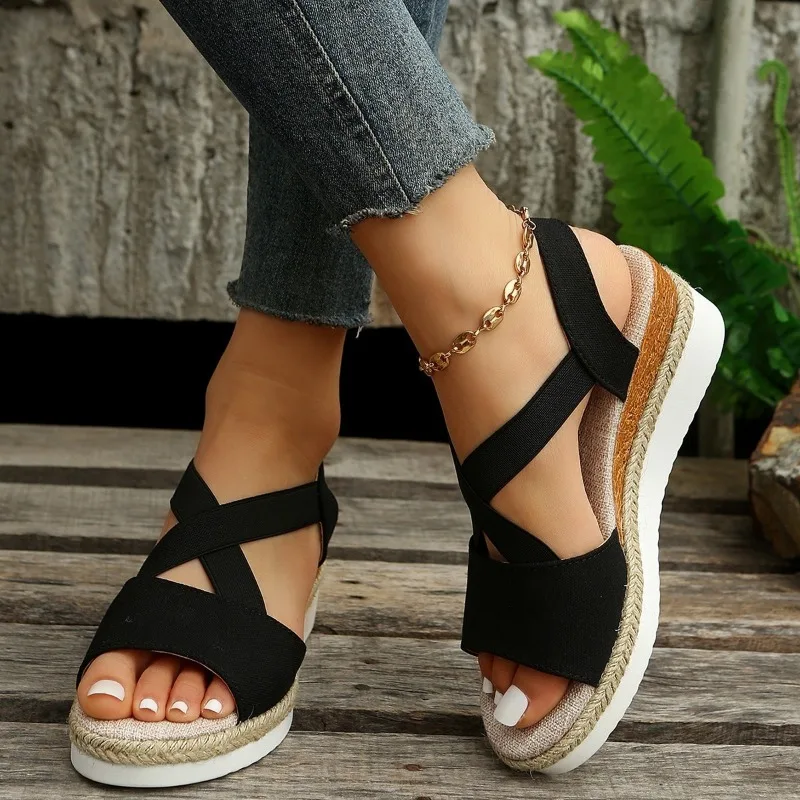 Lucyever Summer Platform Wedge Sandals Women Plus Size 42 Elastic Strap Gladiator Sandals Woman Patchwork Thick Bottom Sandles