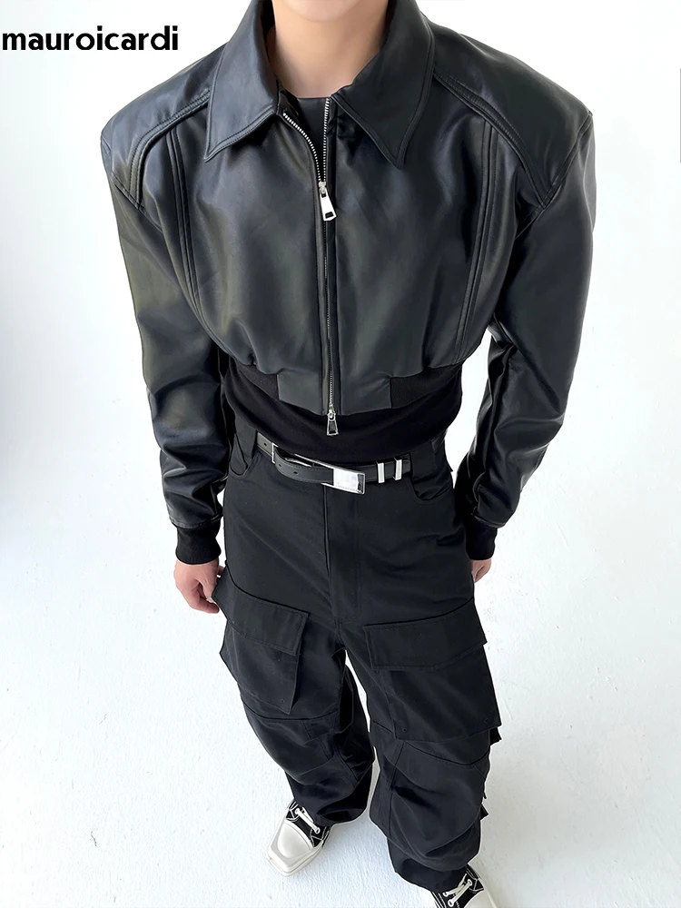 Mauroicardi Spring Autumn Cropped Pu Leather Jacket Men Long Sleeve Zipper Luxury Designer Clothes Runway European Fashion 2023