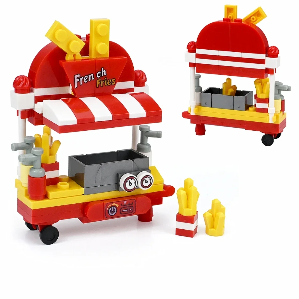 MOC Architektur Straßenverkauf Französische Pommes Frites Snack-Wagen Bausteine Mini-Imbisswagen Ziegel Spielzeug Schreibtisch-Desktop-Dekoration – Detail 2