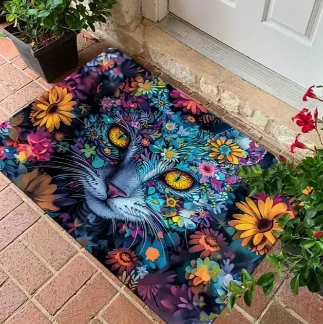 Cute Cartoon Kitten Doormat Welcome To Our Home Slogan Bird Pattern Rug Lovely Animal Decor for Indoor Household Porch