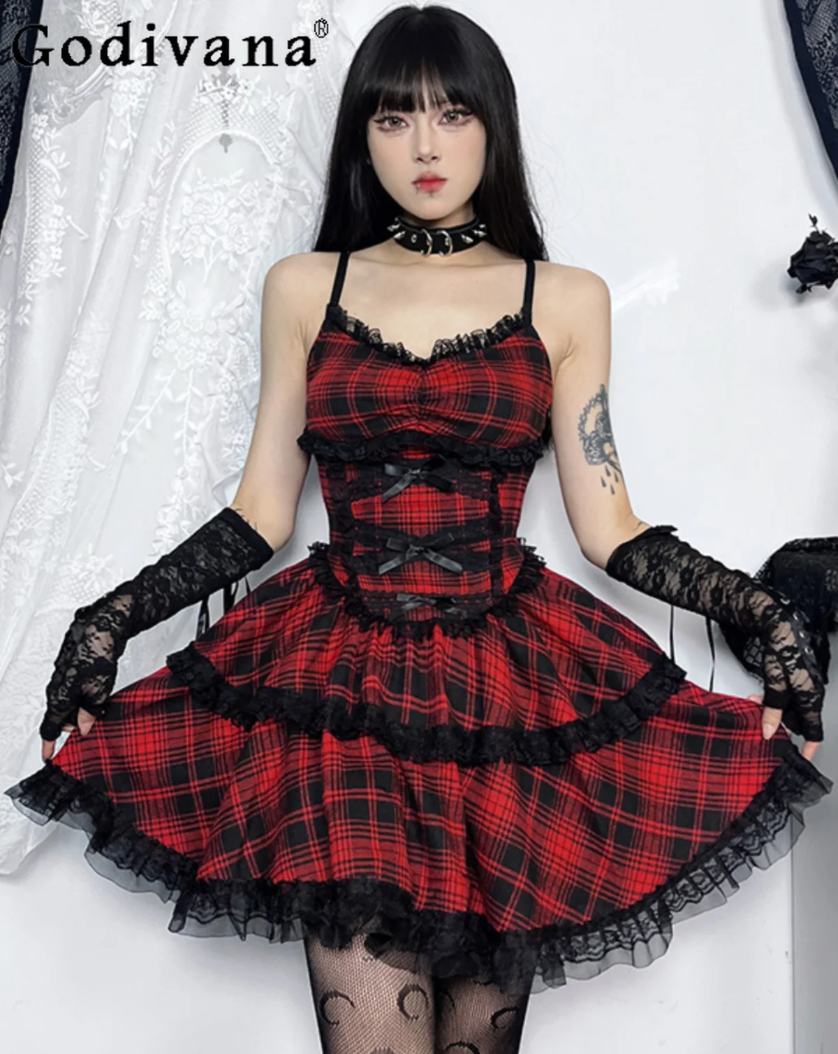 

Hottie Rock Club Red Plaid Dress Women High Waist Slim Bow Lace Summer Dress Female Gothic Harajuku Elegant Fashion Mini Dress