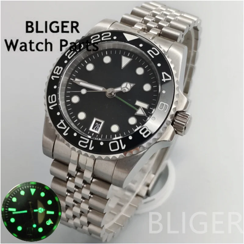 BLIGER 40 мм синие, зеленые, черные, белые часы для мужчин NH34 GMT механические наручные часы со светящимся циферблатом, сапфировое стекло, 6 часов