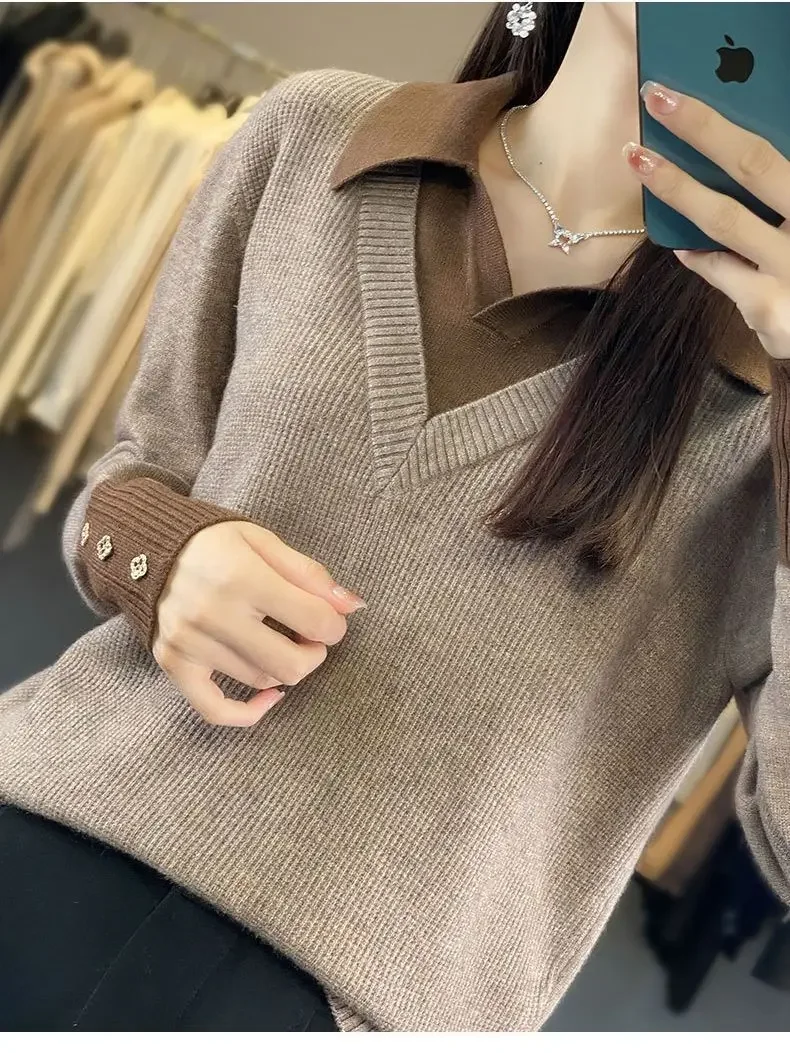 

Lapel Pullover Sweater Top Design Sensibility Set Autumn/Winter New V-Neck Two-Piece Illusionshirt Collar Knitted Top