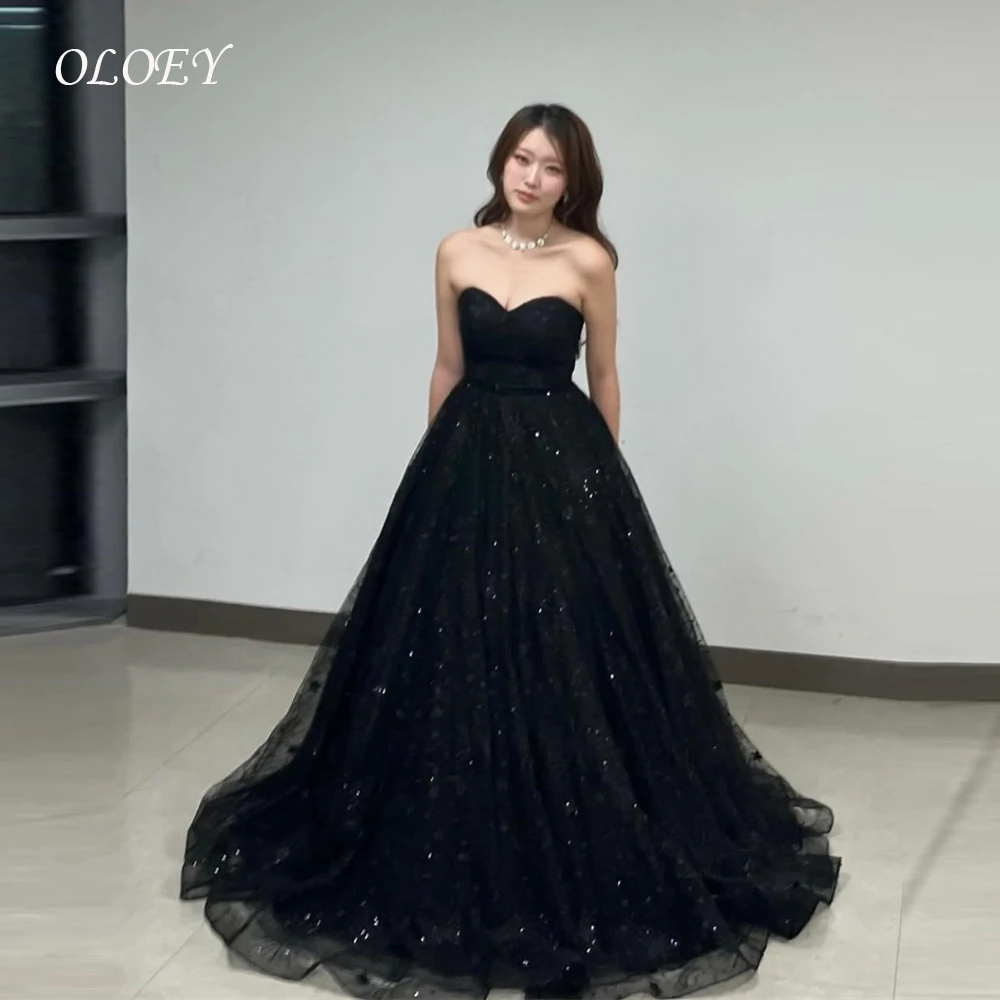 

OLOEY Sparkly Black Formal Evening Dresses Korea Women Sweetheart Shiny Sparkly Soft Tulle Prom Gowns Perfermance Party Customiz