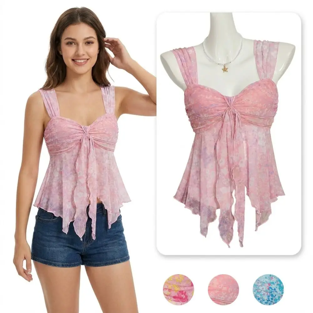 Sweet V-neck Halter Cami Top Printed Mesh Asymmetrical Hem Off Shoulder Top Sheer Overlay Bodycon Fit Tank Tops Casual Wear