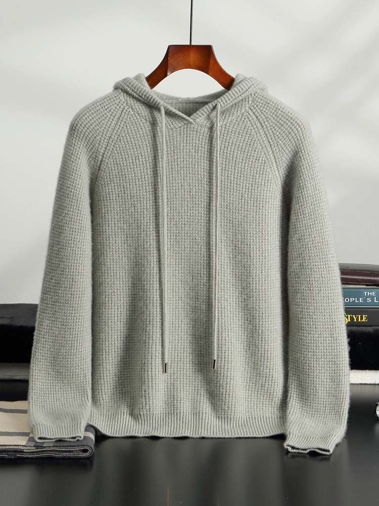 

TLOML Men's 100% Cashmere Sweater Thick Waffle Hoodie Pullover Autumn Winter Casual Style Soft Warm Cashmere Knitwear Comfy Tops