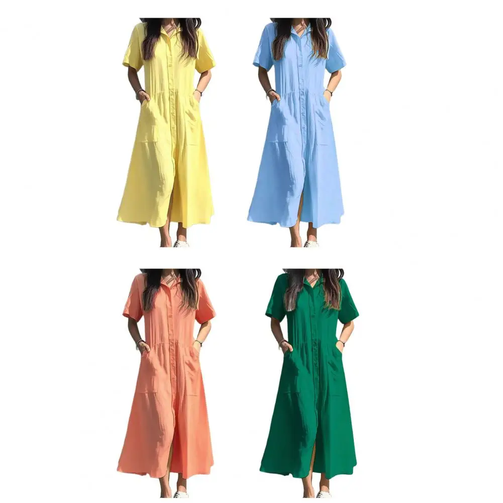 여성 단색 무슬림 드레스 큰 사이즈 긴팔 옷 턴다운 칼라 셔츠 맥시 드레스 여성용 루즈핏 셔츠 드레스