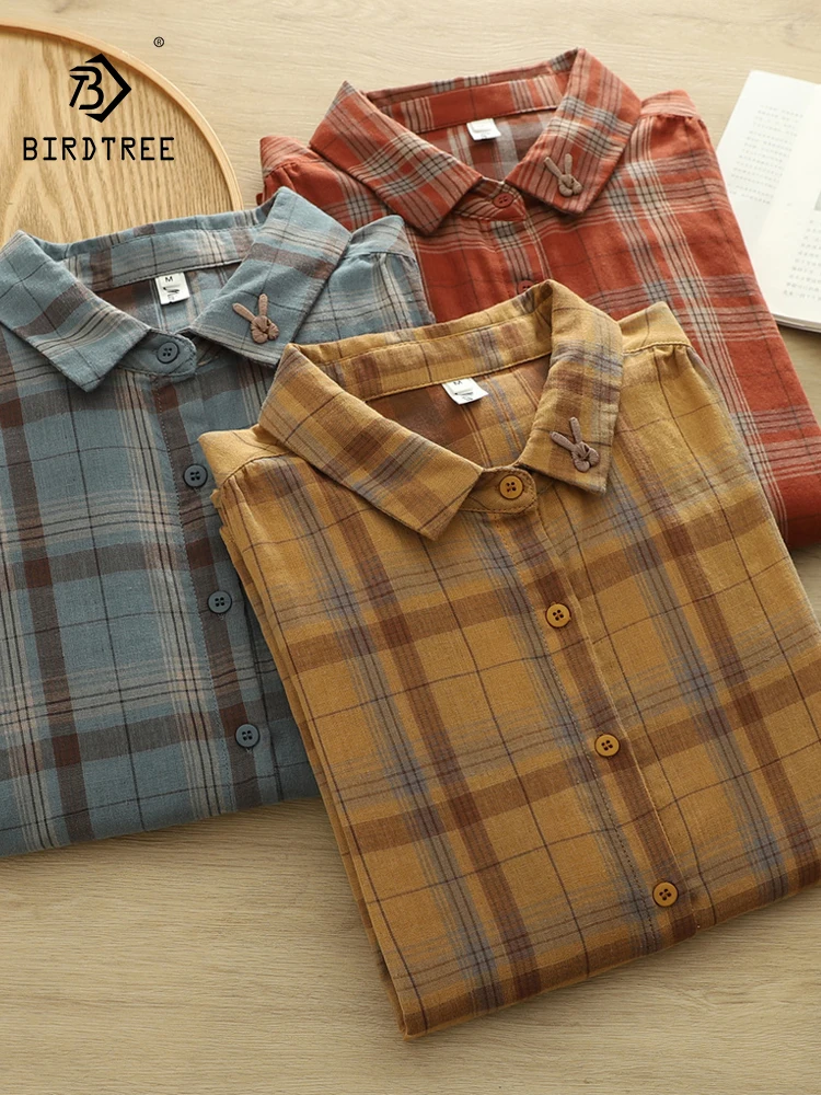 

Новая женская хлопковая рубашка с длинным рукавом на весну 2026 года, с отложным воротником в клетку с кроликом, в стиле Mori Girl, омолаживающая, свободная блузка T63755CC