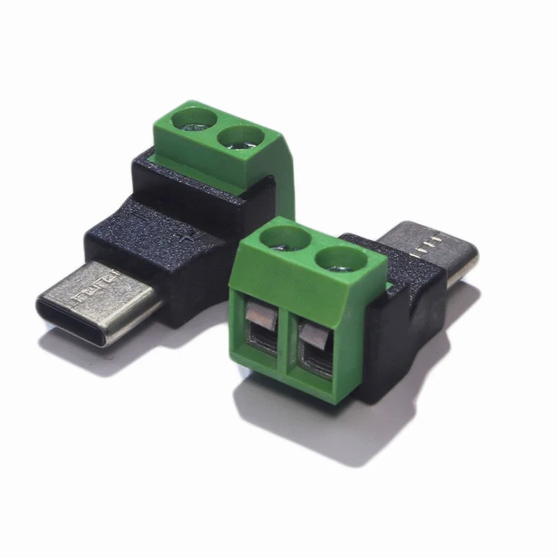 Type C Micro USB Male 5V to 2 Pin No Solder Green Terminal Adapter Quick Connection Head for Charging Phones Tablets and More