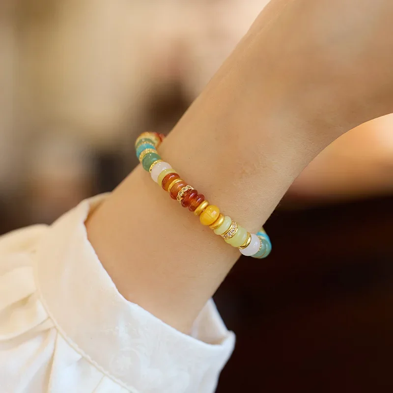 Dopamine Natural Stone Bracelet Women's Rainbow Gold Diamond Multi-Treasure Tablet Gem Advanced Sense Girlfriend Ins Hand String