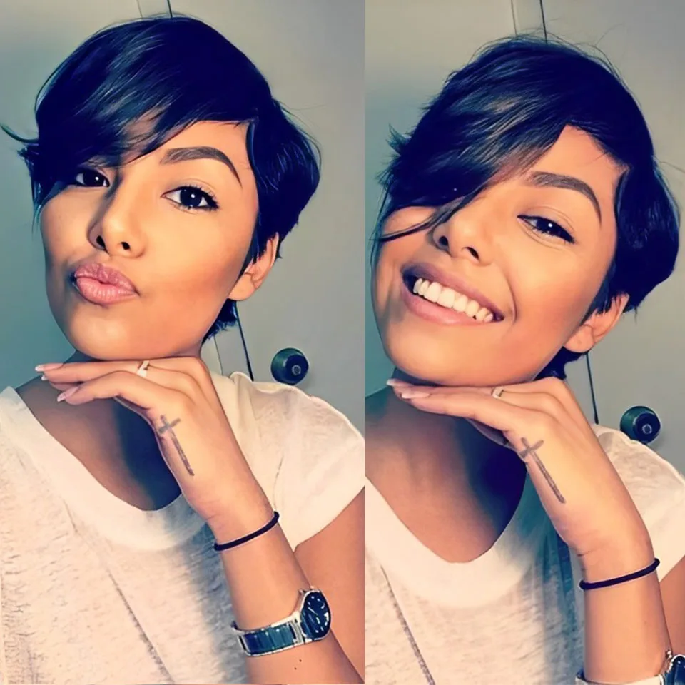 

Lekker Natural Short Pixie Cut 100% Human Hair Wigs With Bangs For Women Brazilian Remy Hair Full Machine Made Cheap Bob Wigs