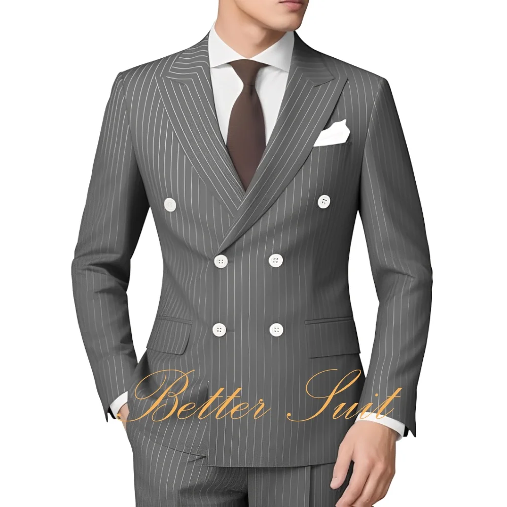 بدلة رجالية مقلمة 2 قطعة بقصة عادية مزدوجة الصدر سترة السراويل لحفلات الزفاف الرجال الدعاوى العريس حفلة موسيقية سهرة البدلة #2