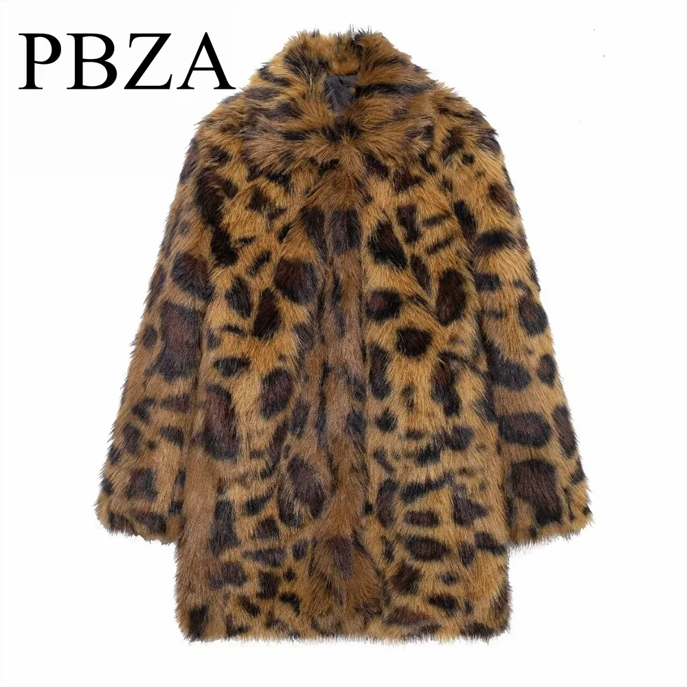 

2024 Winter New Fashionable Fury Animal Pattern Printed Warm Plush Coat Long Casual Loose Coat