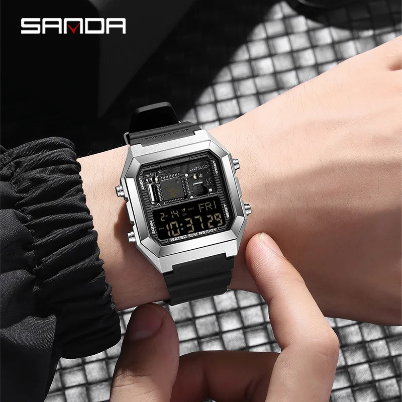 Sanda 6216 masculino e feminino estudante relógio eletrônico novo quadrado multi funcional reloj hombre presente contagem regressiva relógios de pulso