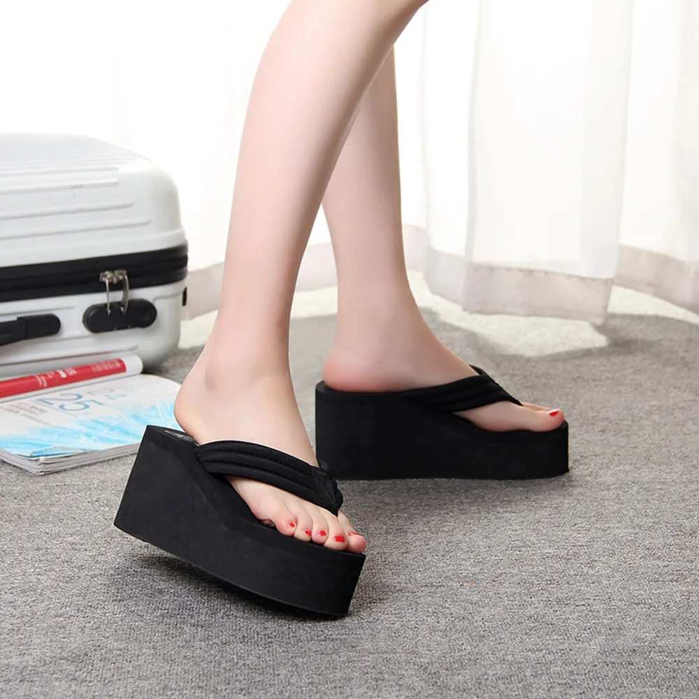 Women Summer Clip Toe Flip Flops Non-slip Wedges High Heels Slippers Beach Shoes Fashion Beach Sandals Female Casual Slippers