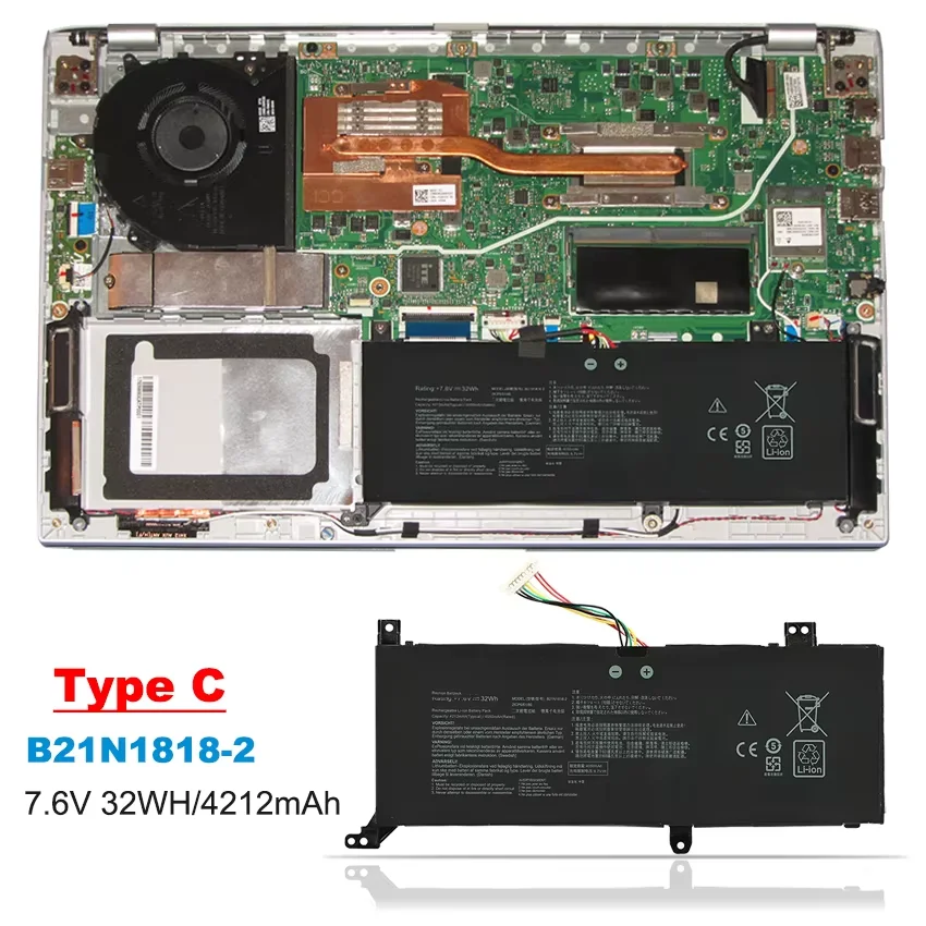 Batteria C21N1818-2 Per Asus VivoBook 14 F412/A412/X412 E S412 – 7.7V 37Wh Li-Ion, Fino A 500 Cicli Per Sostituzione Affidabile