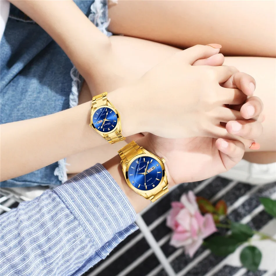 CHENXI 022G Couple Quartz Watch For Women Men Diamond Stainless Steel Date Lover Simple Leisure Fashion Gold Clock Wristwatch