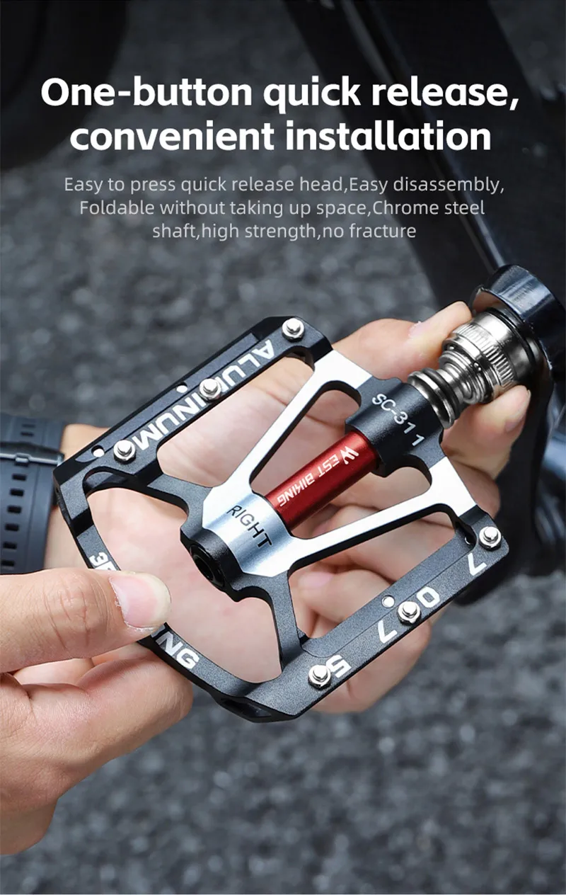 WEST BIKING Schnellspanner-Faltpedale aus 7075 Aluminiumlegierung, Ultraleicht, 3 Lager, Rutschfest, Verbreiterte Pedale für MTB und Rennräder – Detail 5