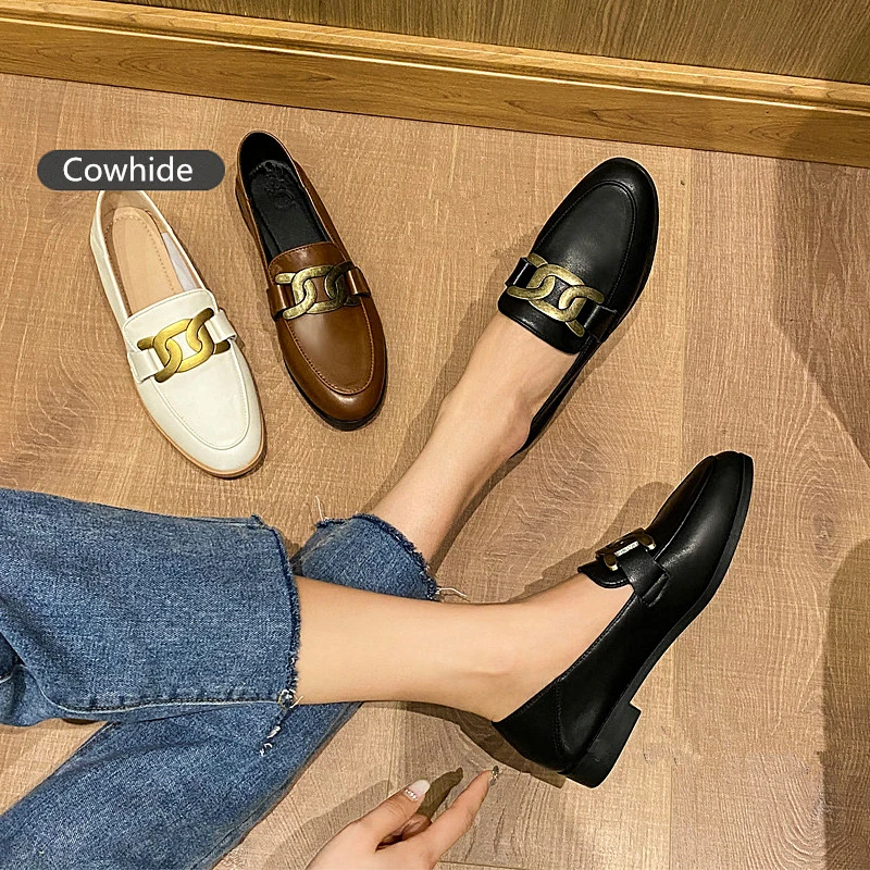 Cowhide Classic Style Black Metal Buckle Leather Flat Loafers Soft  Women Shoes Driving  Maternity Shoes  Pumps Brown Walking