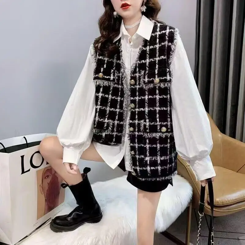 

Женский вязаный жилет свободного кроя с клетчатым узором, стильный дизайн, без рукавов, в непринужденном стиле, свободный крой, весна-осень, новая коллекция