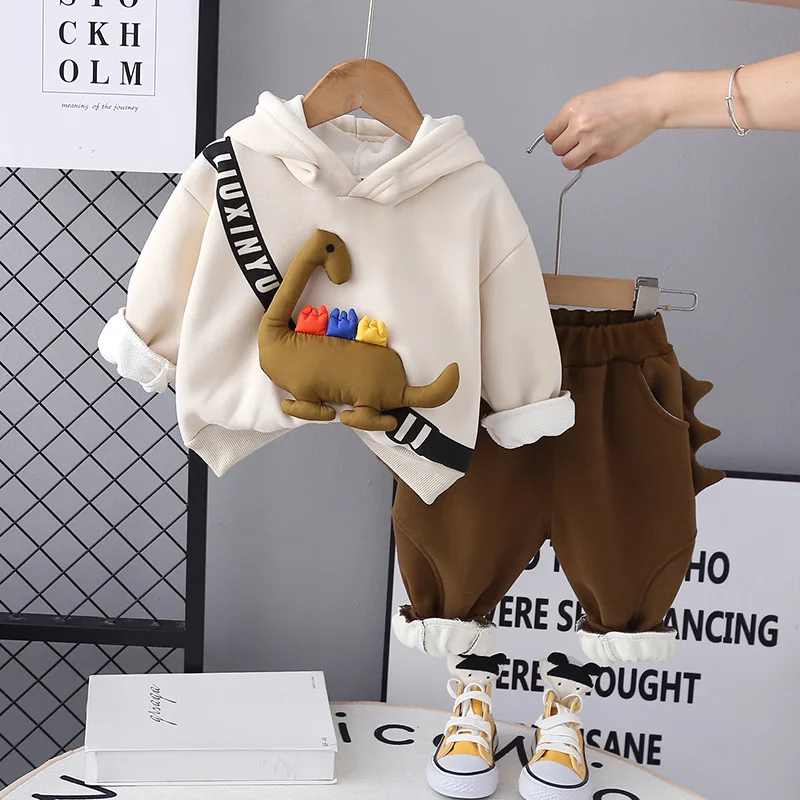 Winter Children Clothing Sets Baby Boys Cartoon Dinosaur Hooded Sweater Pants 2 Pcs Kids Tracksuit Plush Infant Clothes Outfits