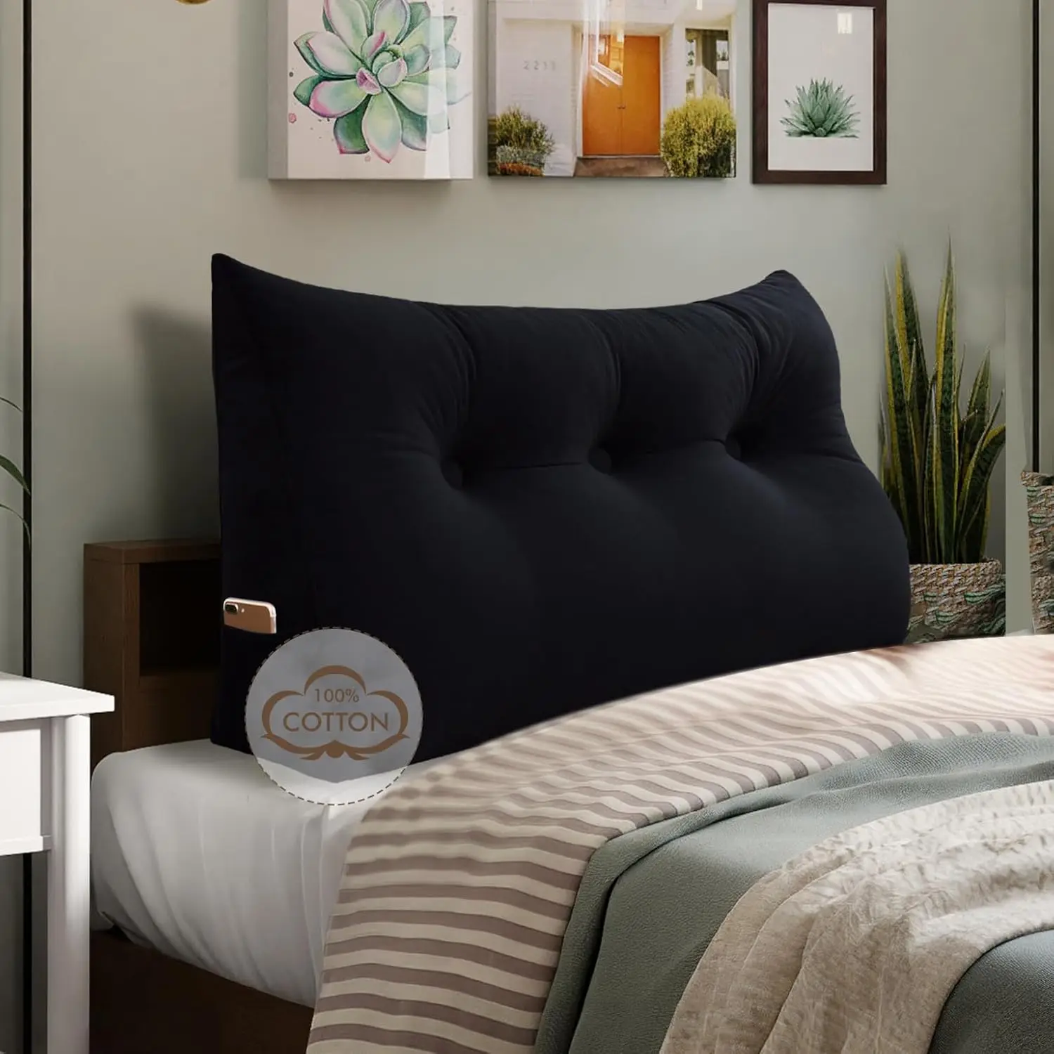 

100% Cotton Velvet Headboard Pillow - Twin Size Wedge Back Support Reading Bolster for Bed & Daybed, Handmade Firm Support