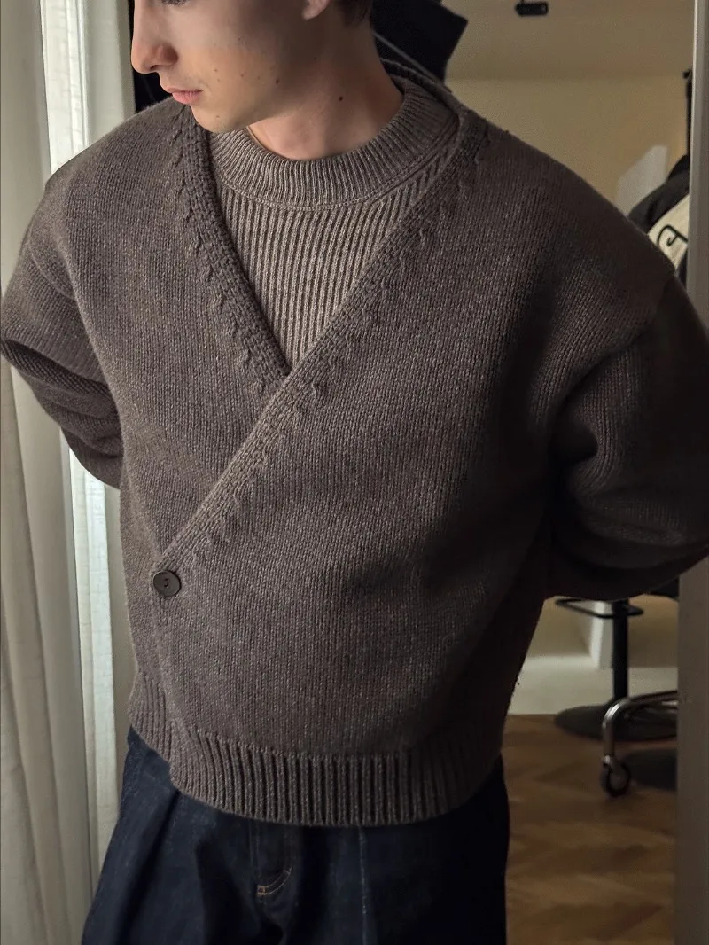 سترة هاي ستريت هاراجوكو للخريف والشتاء باللون الأسود سترة عصرية غير رسمية ملابس الشارع الأمريكية الرجعية فضفاضة محبوكة للرجال #3