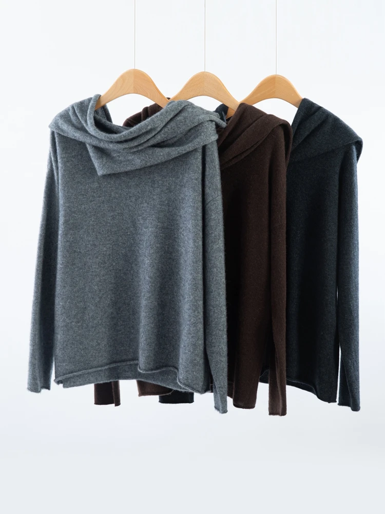 시크한 100% 캐시미어 여성용 파일 칼라 스웨터 단색 풀오버 가을 겨울 패션 캐주얼 루즈 소프트 니트웨어 우아한 탑