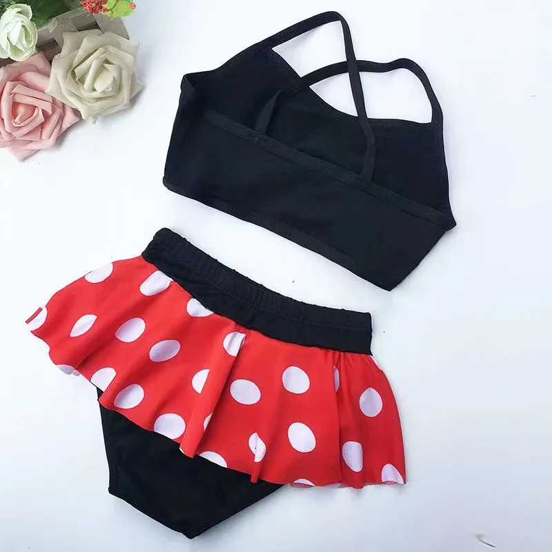 Baby Girl stroje kąpielowe księżniczka Mickey Mouse nadruk w kropki strój kąpielowy z kapeluszem dzieci strój do surfingu Kid niemowlę Cartoon Beach