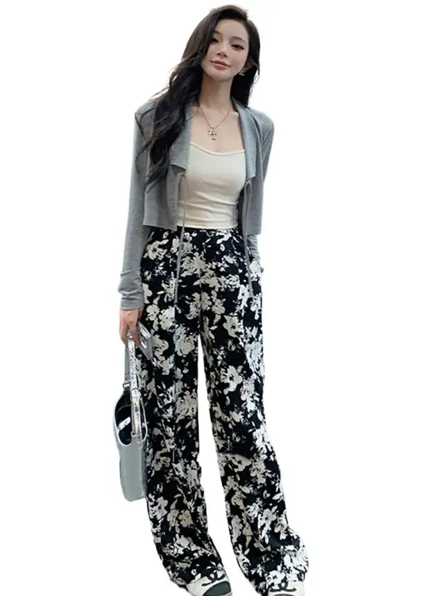 

Plus size Bohemian Holiday Flower Print trousers wide leg pants Korean streetwear long maxi Ink black and white printed pants