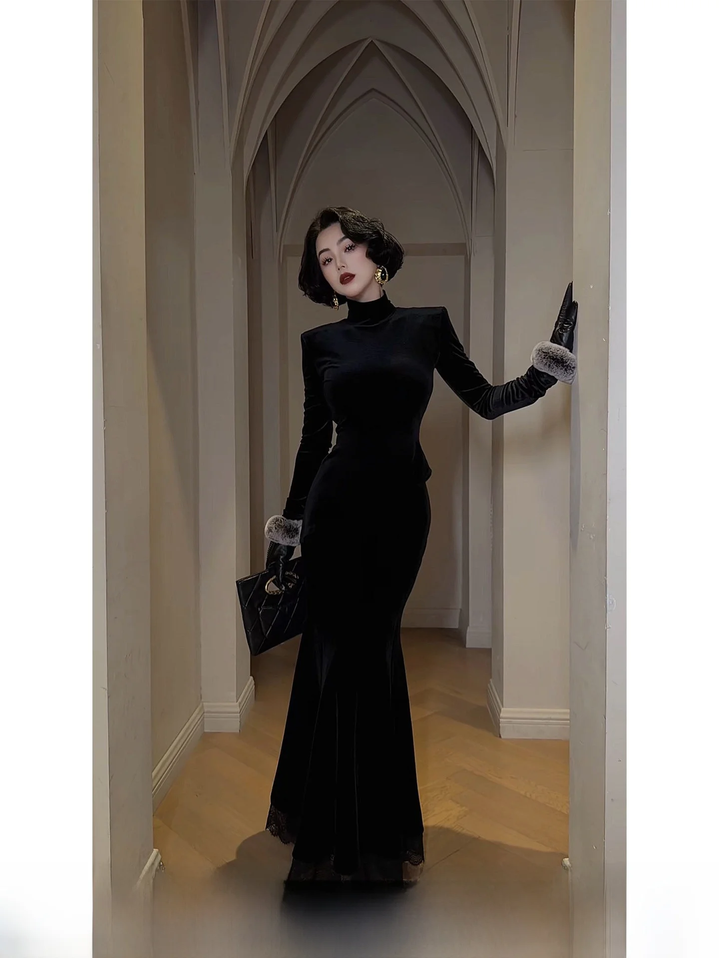 

Bla Velvet Top And Fi Tail Skirt Set Women's Faion Ele Sle Winter 2025 New Two-Piece Suit High Collar Long Sve