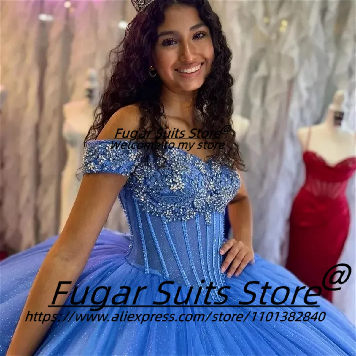 Blue Princess Quinceanera Dresses Luxuly Beading Lace High-end Prom Party Off-Shoulder Gown evening dresses woman elegant