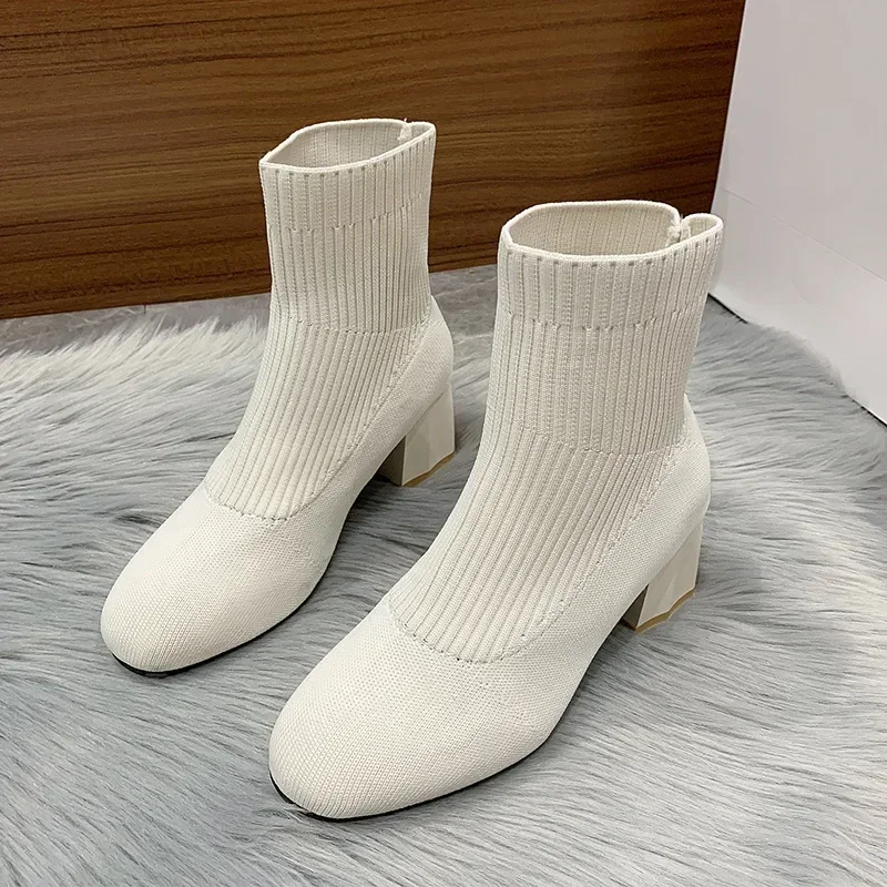 2024 Knitted Ankle Boots for Women Autumn Round-toe Thick Sole Slip on Casual Shoes Woman Light Non Slip Platform Botas Mujer