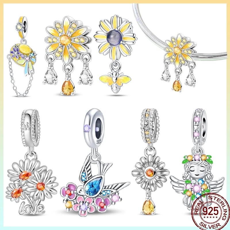 

925 Sterling Silver Warm Sunflower Shiny Zirconia Flower Beads Fit Pandora Original Bracelet Diy Jewelry Gift