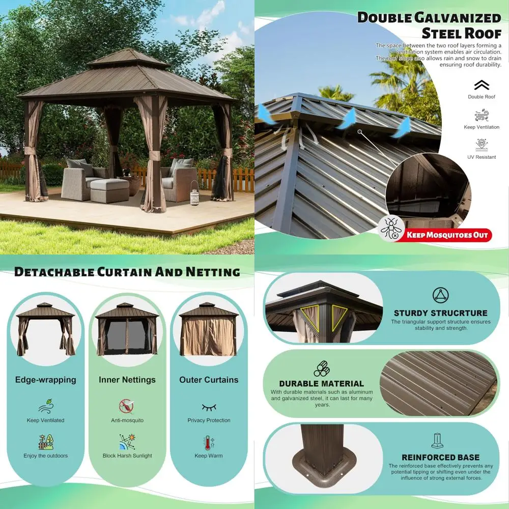 

domi 8'x8' hardtop gazebo, outdoor metal gazebo with galvanized steel double roof, curtains & netting, permanent pavilion for pa