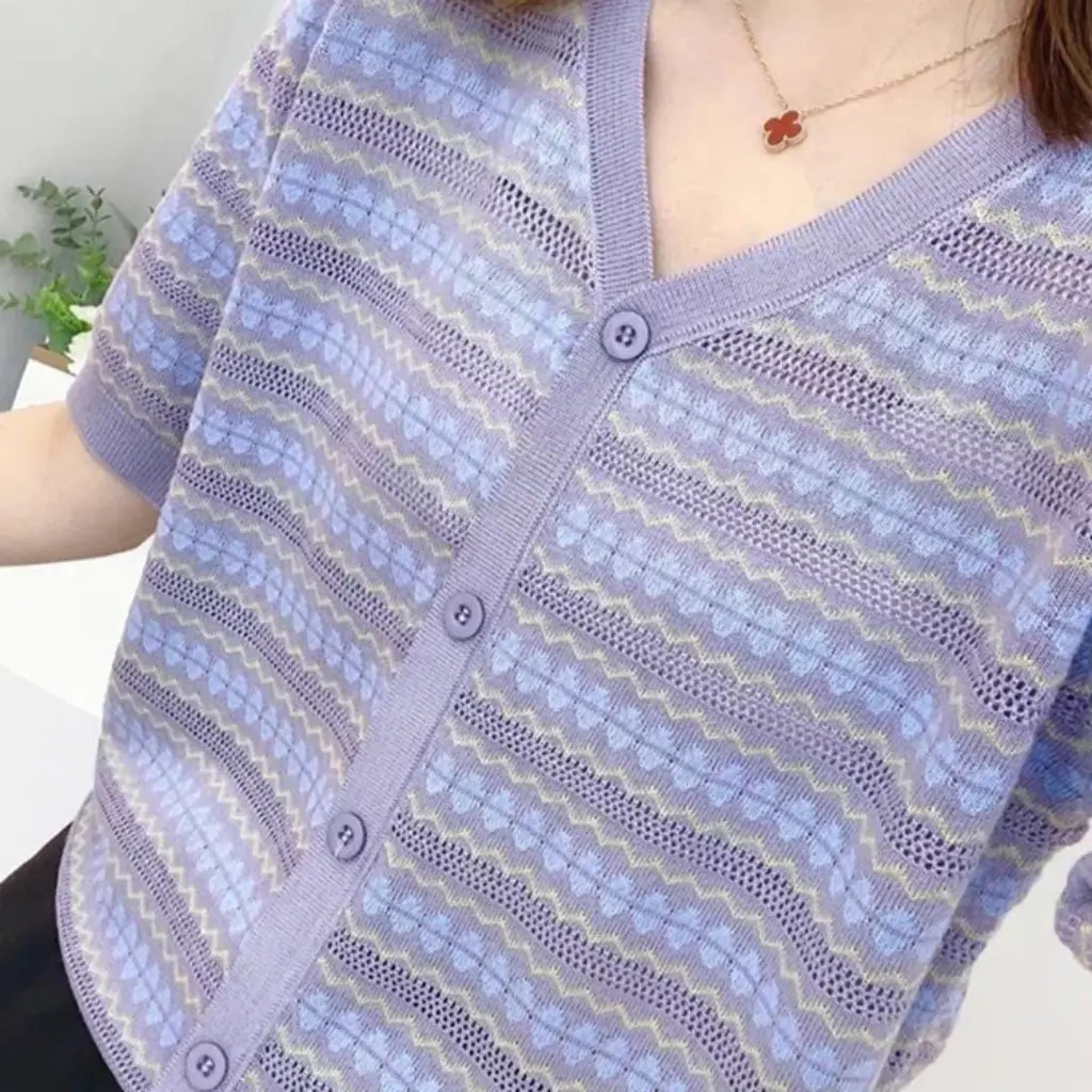 

Summer Women's Striped Loose Knit Pullover Top Thin Short Sleeve Fashion Versatile Fake Cardigan