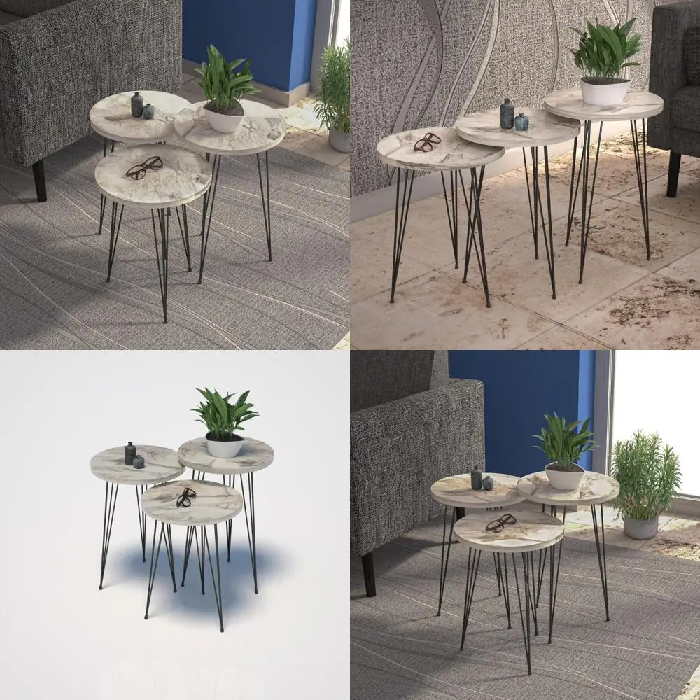 

White Marble Top Nesting Tables Set of 3 with Wooden Bases and Metal Legs for Living Room