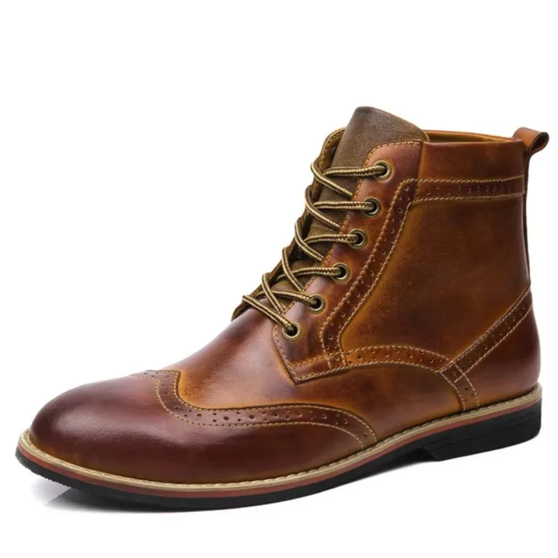 2025 Autumn NEW Men Boots Big Size 38-47 Vintage Brogue College Style Men Shoes Casual Fashion Lace-up Warm Boots For Man Brown